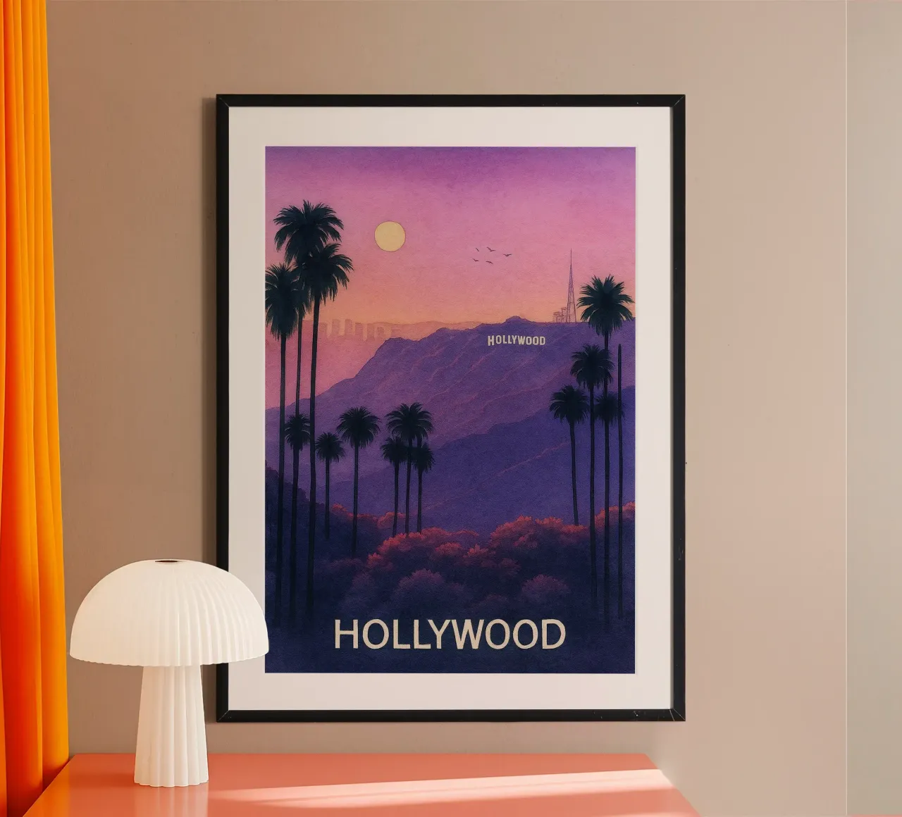 Ilustrazione pittorica della città di Hollywood poster con telaio in alluminio da Allghaniz