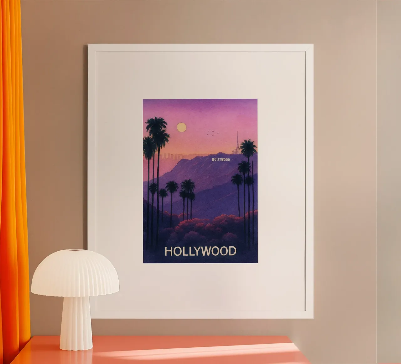 Ilustrazione pittorica della città di Hollywood poster con telaio in alluminio da Allghaniz