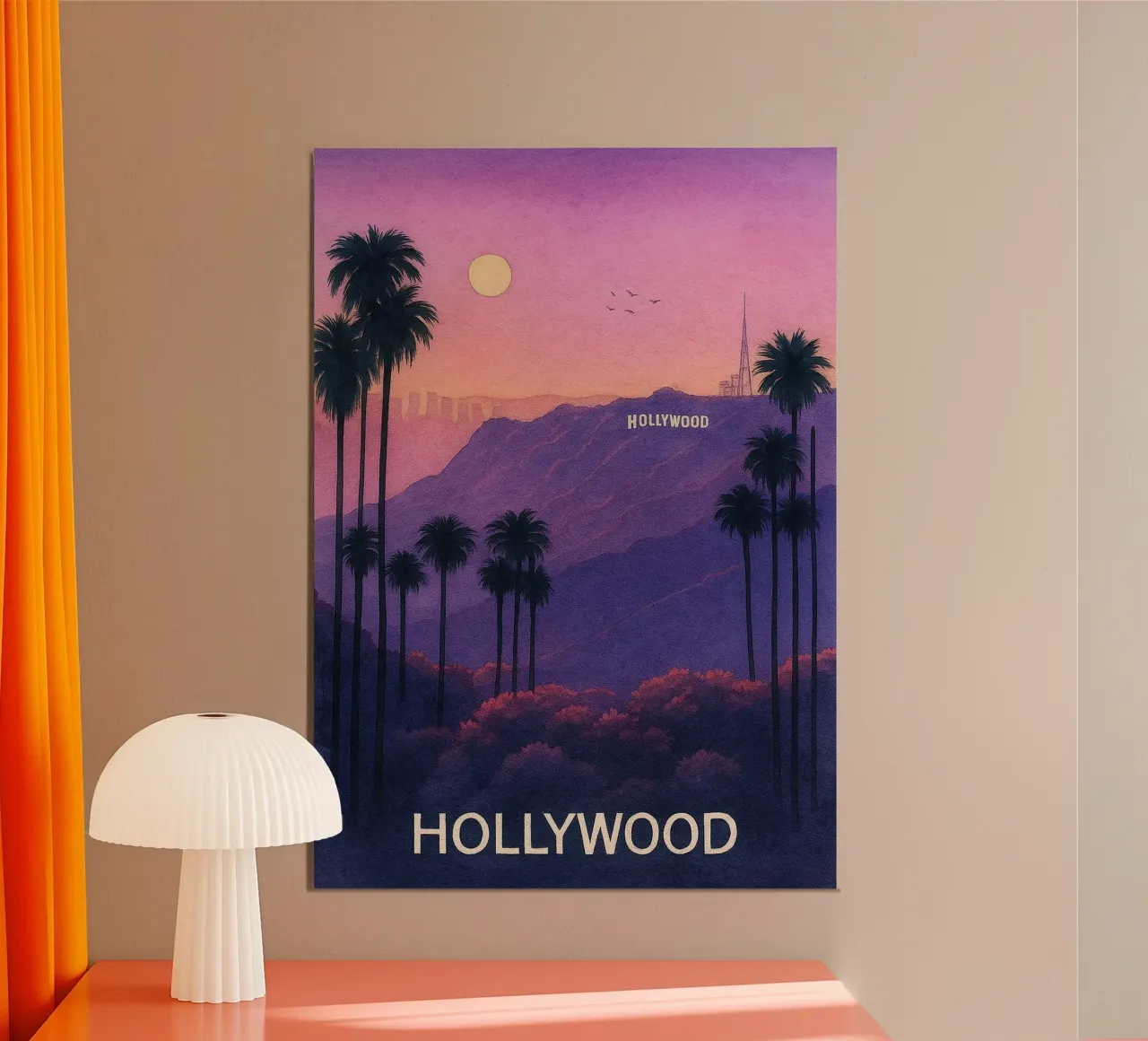 Ilustrazione pittorica della città di Hollywood poster con telaio in alluminio da Allghaniz