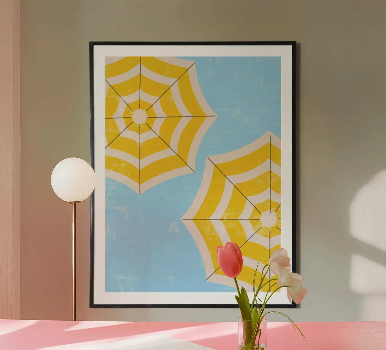 Ombrellone da spiaggia retrò in giallo e blu Illustrazione estiva carta hahnemühle da pdigitalprints