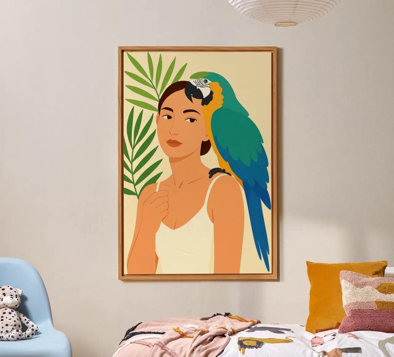 Donna con pappagallo Digital Art alluminio dibond da ARTVI-SHOP
