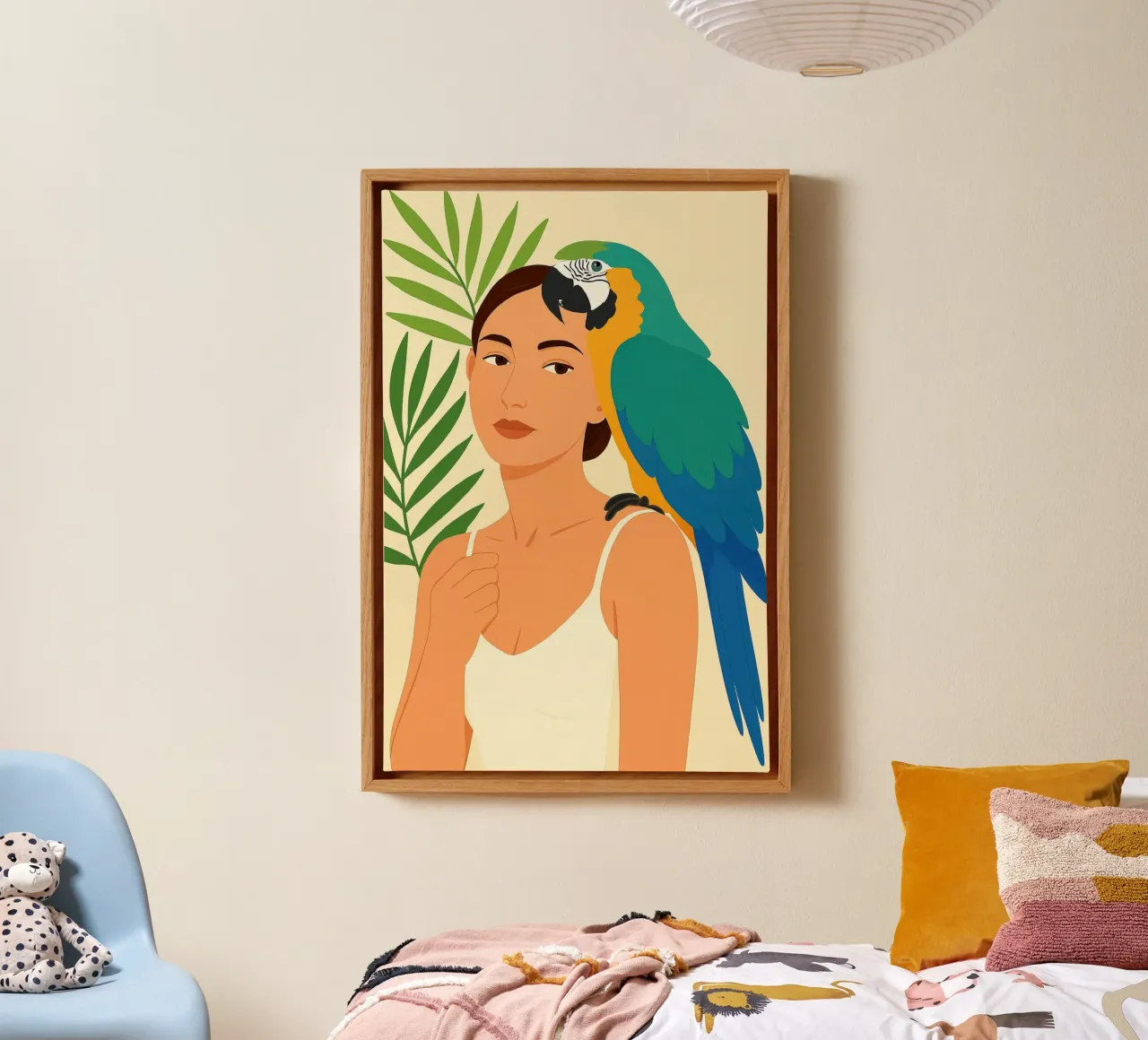 Donna con pappagallo Digital Art tela con Cornice a cassetta da 🎁 ARTVI-SHOP