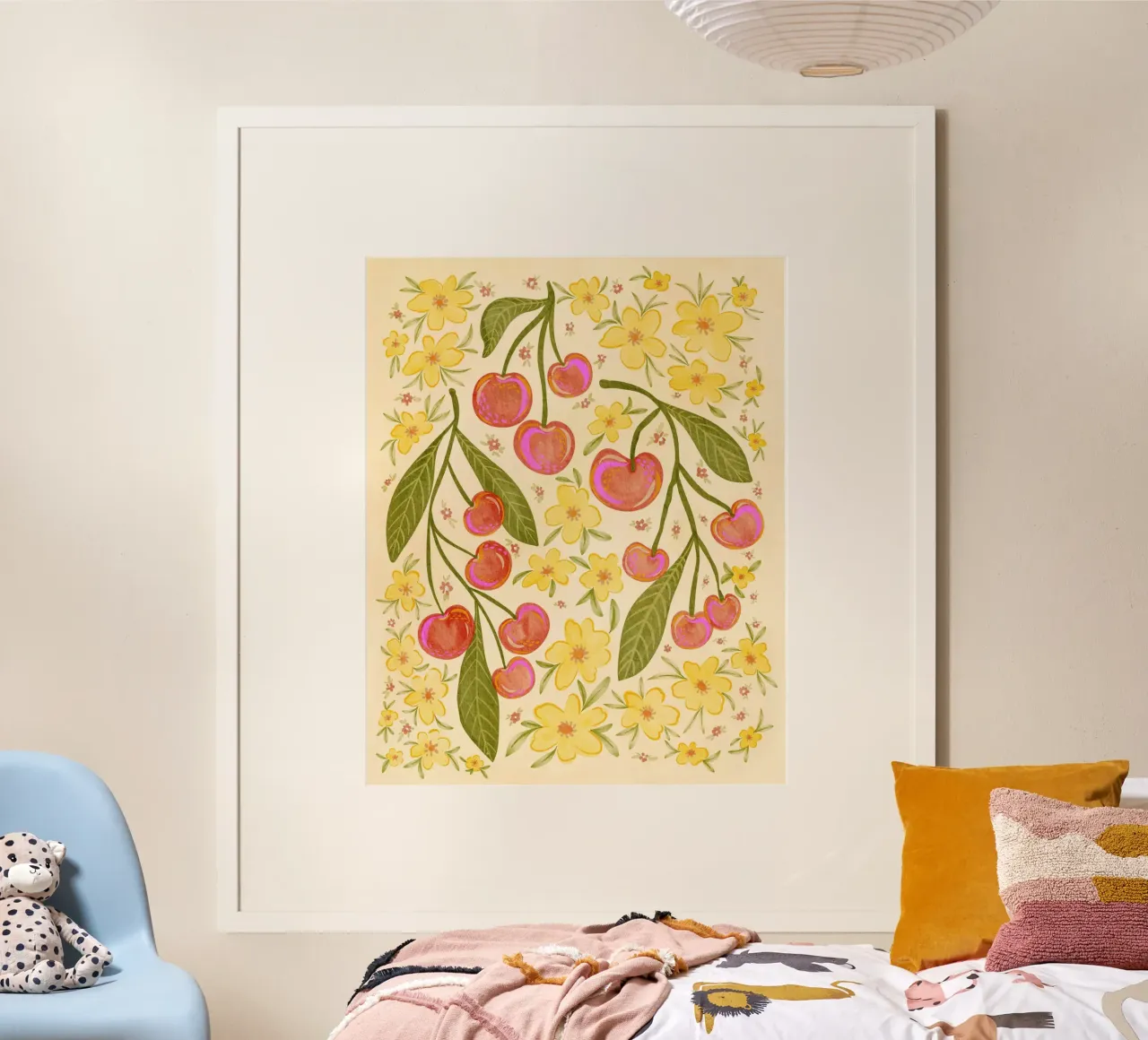 Ciliegie rosse e fiori gialli carta hahnemühle da Nikita Jariwala