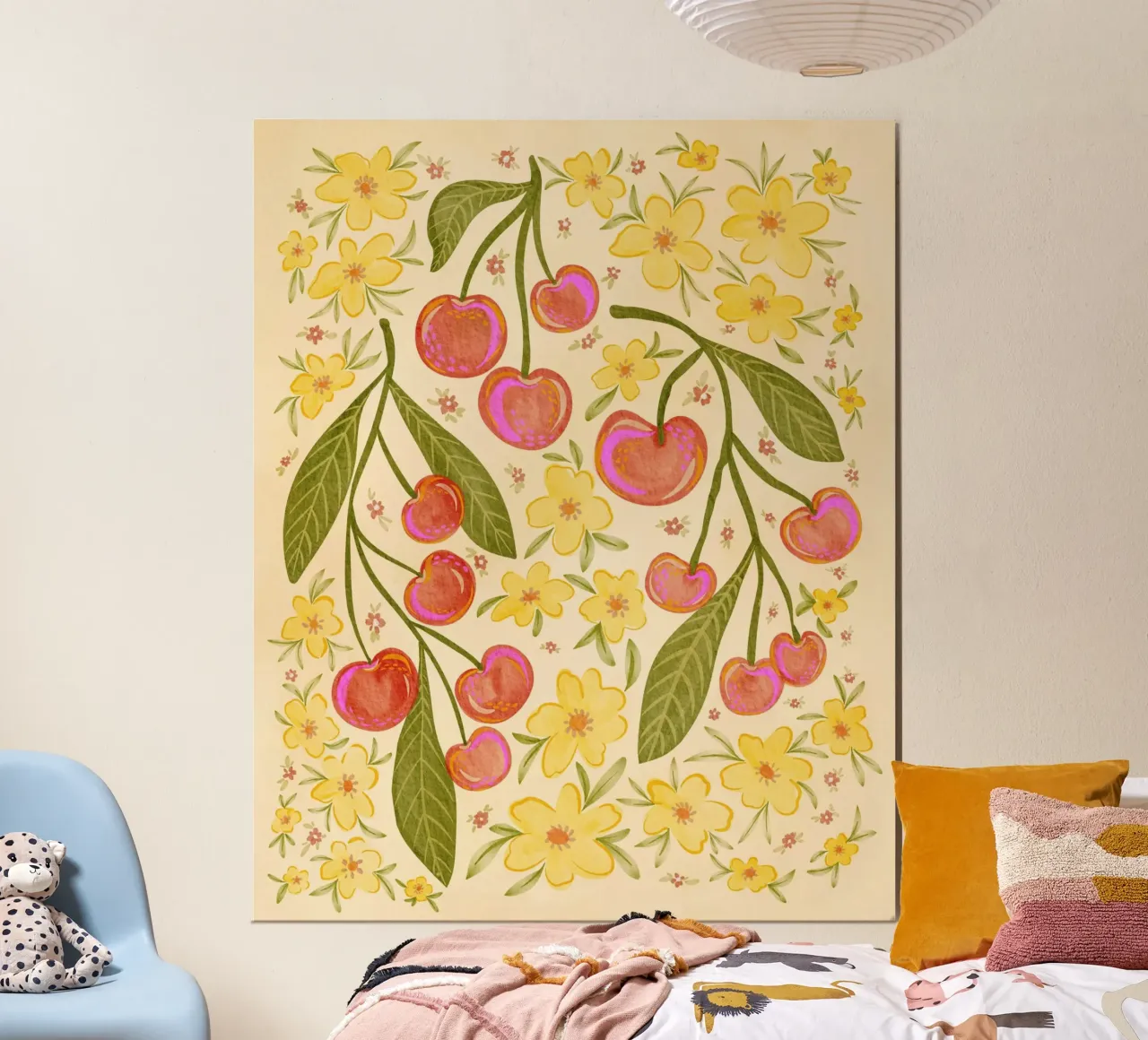 Ciliegie rosse e fiori gialli carta hahnemühle da Nikita Jariwala