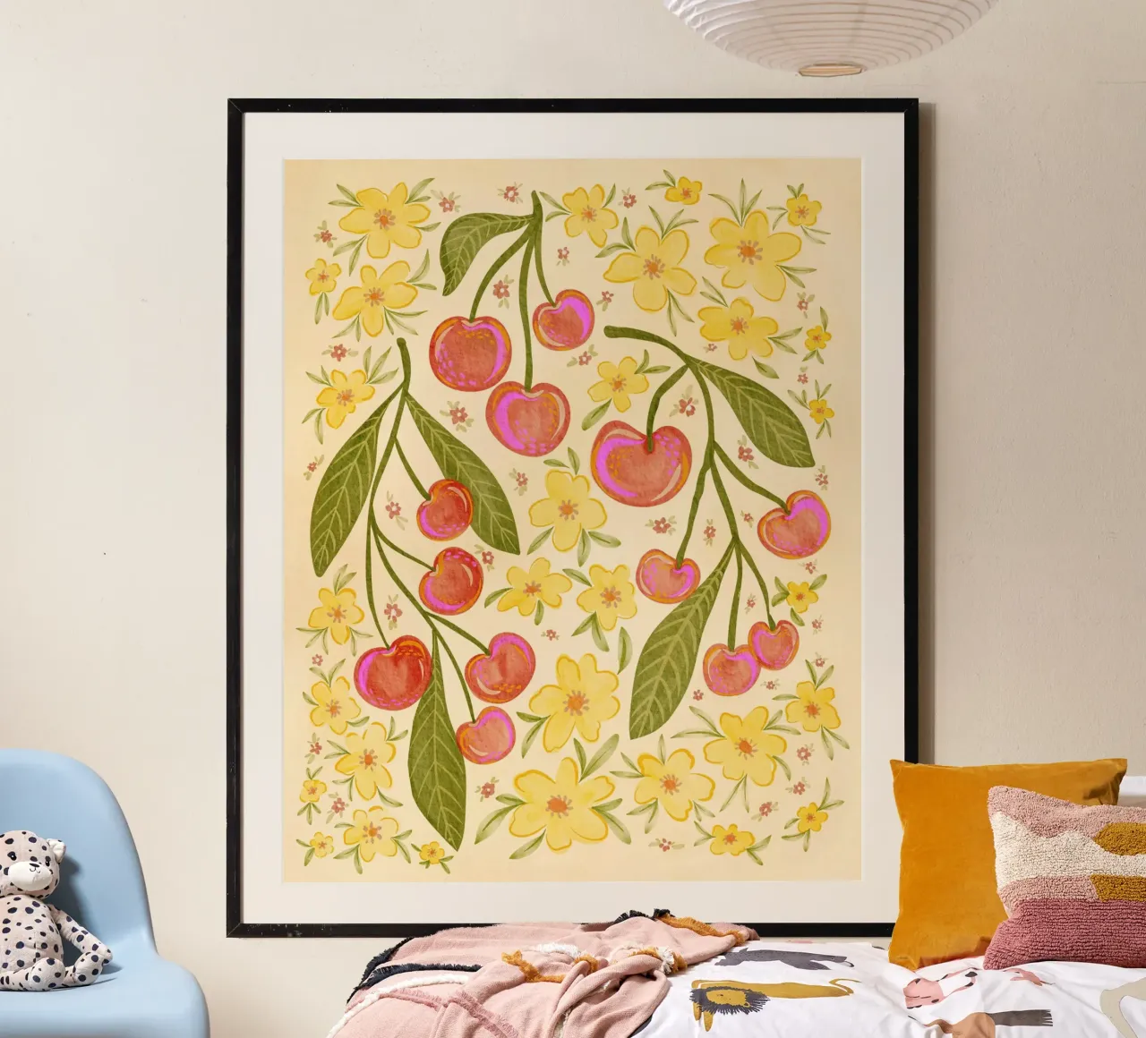 Ciliegie rosse e fiori gialli carta hahnemühle da Nikita Jariwala
