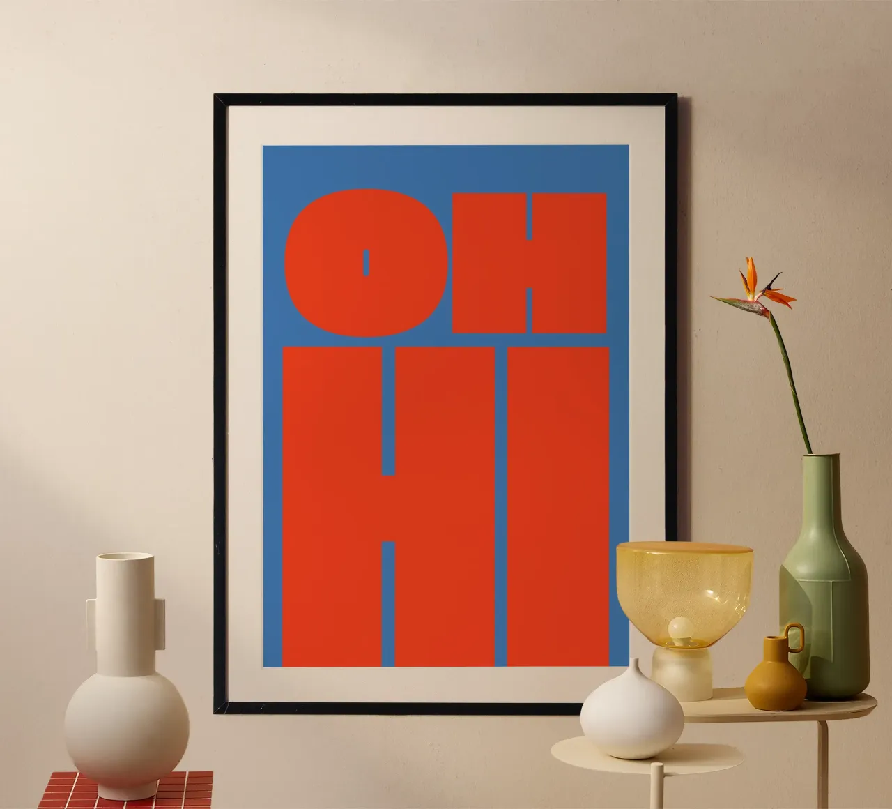 Atrevido gráfico tipográfico retro con "OH HI" poster con marco de madera de pdigitalprints