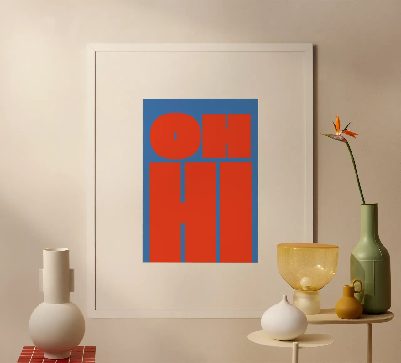 Atrevido gráfico tipográfico retro con "OH HI" poster con marco de madera de pdigitalprints