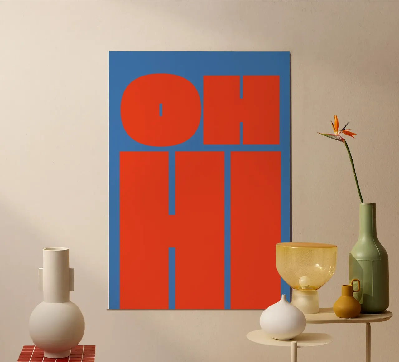 Atrevido gráfico tipográfico retro con "OH HI" poster con marco de madera de pdigitalprints