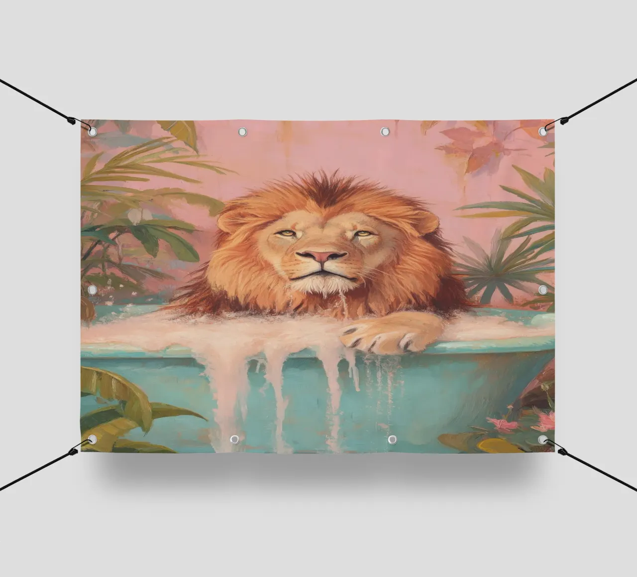 Leone nella vasca da bagno pastello con schiuma di sapone telo in pvc da Nikis Art Studio