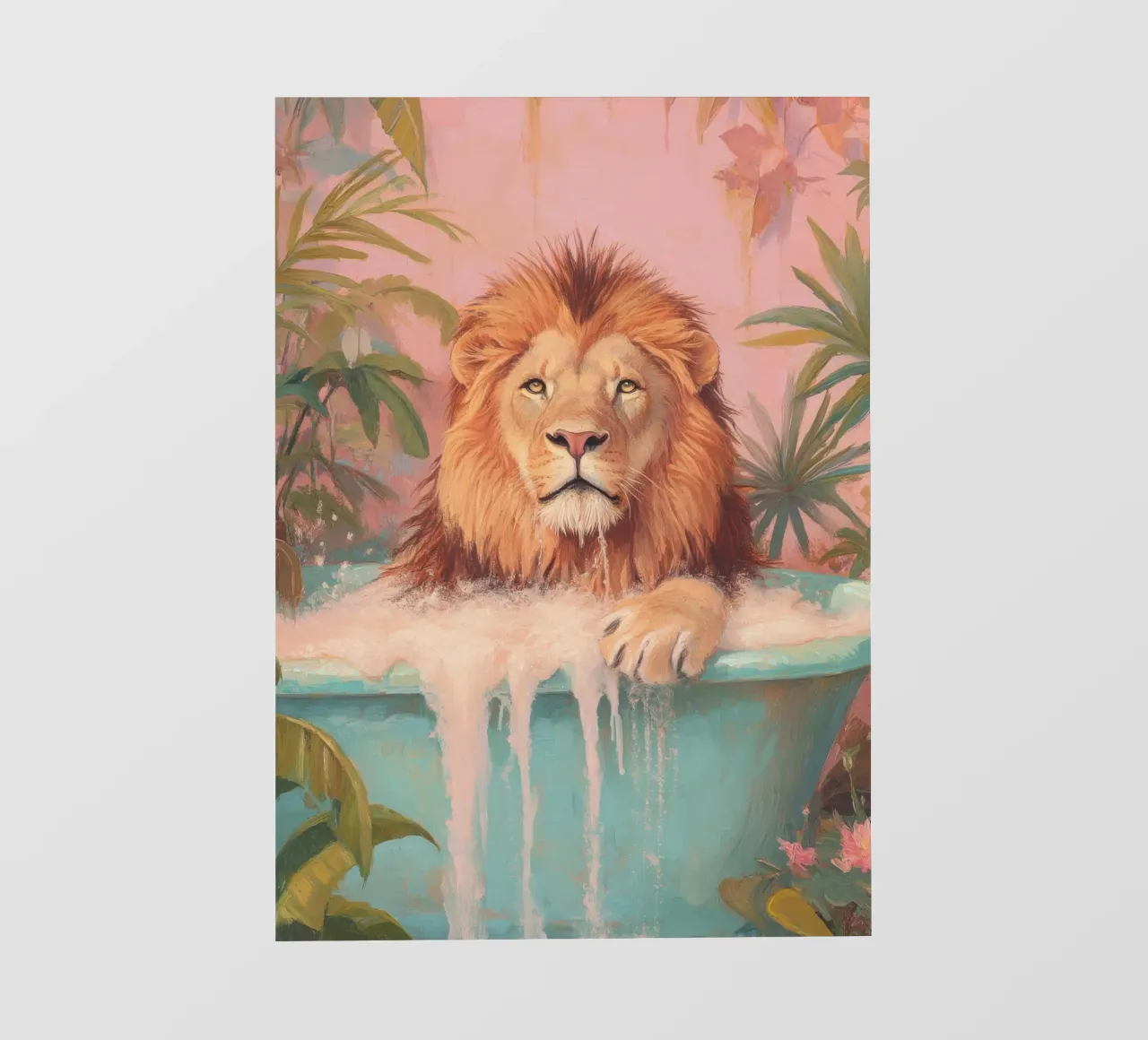 Leone nella vasca da bagno pastello con schiuma di sapone telo in pvc da Nikis Art Studio