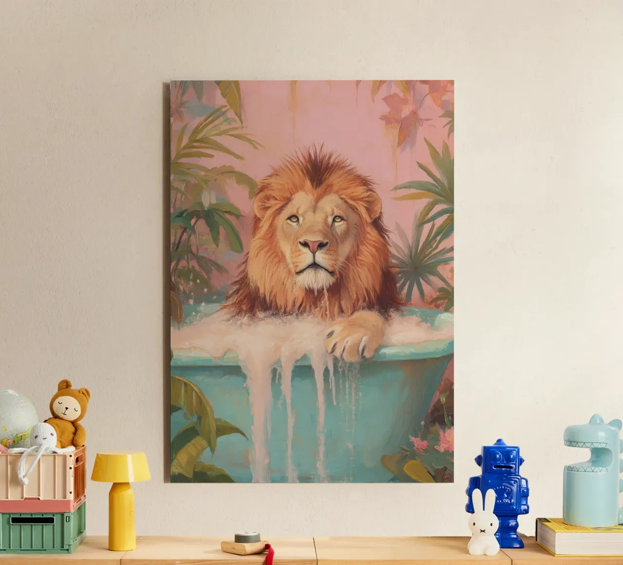 Leone nella vasca da bagno pastello con schiuma di sapone alluminio dibond da Nikis Art Studio