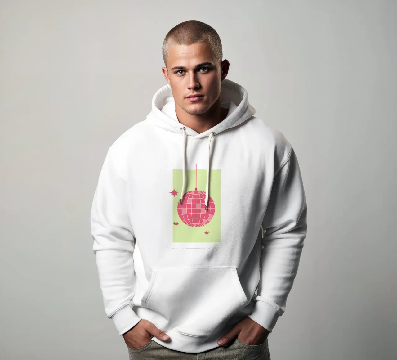 Ilustración de bola de discoteca rosa retro con fondo verde sudadera con capucha de pdigitalprints