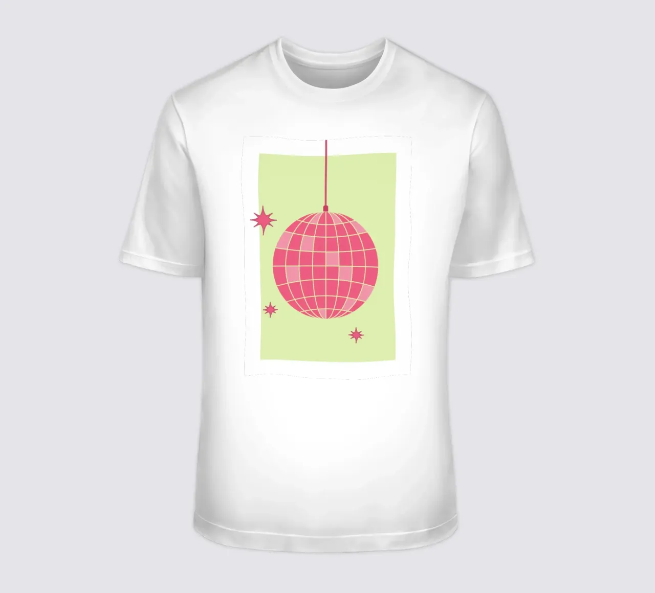Illustrazione di palla da discoteca rosa retrò con sfondo verde t-shirt da pdigitalprints