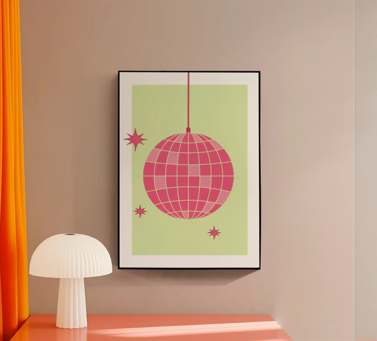 Ilustración de bola de discoteca rosa retro con fondo verde metacrilato de pdigitalprints