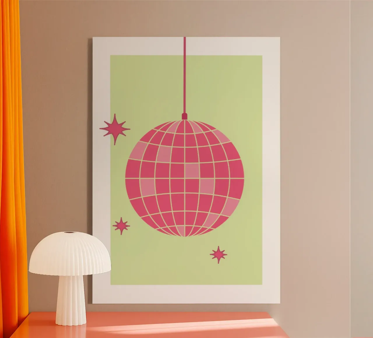 Ilustración de bola de discoteca rosa retro con fondo verde metacrilato de pdigitalprints