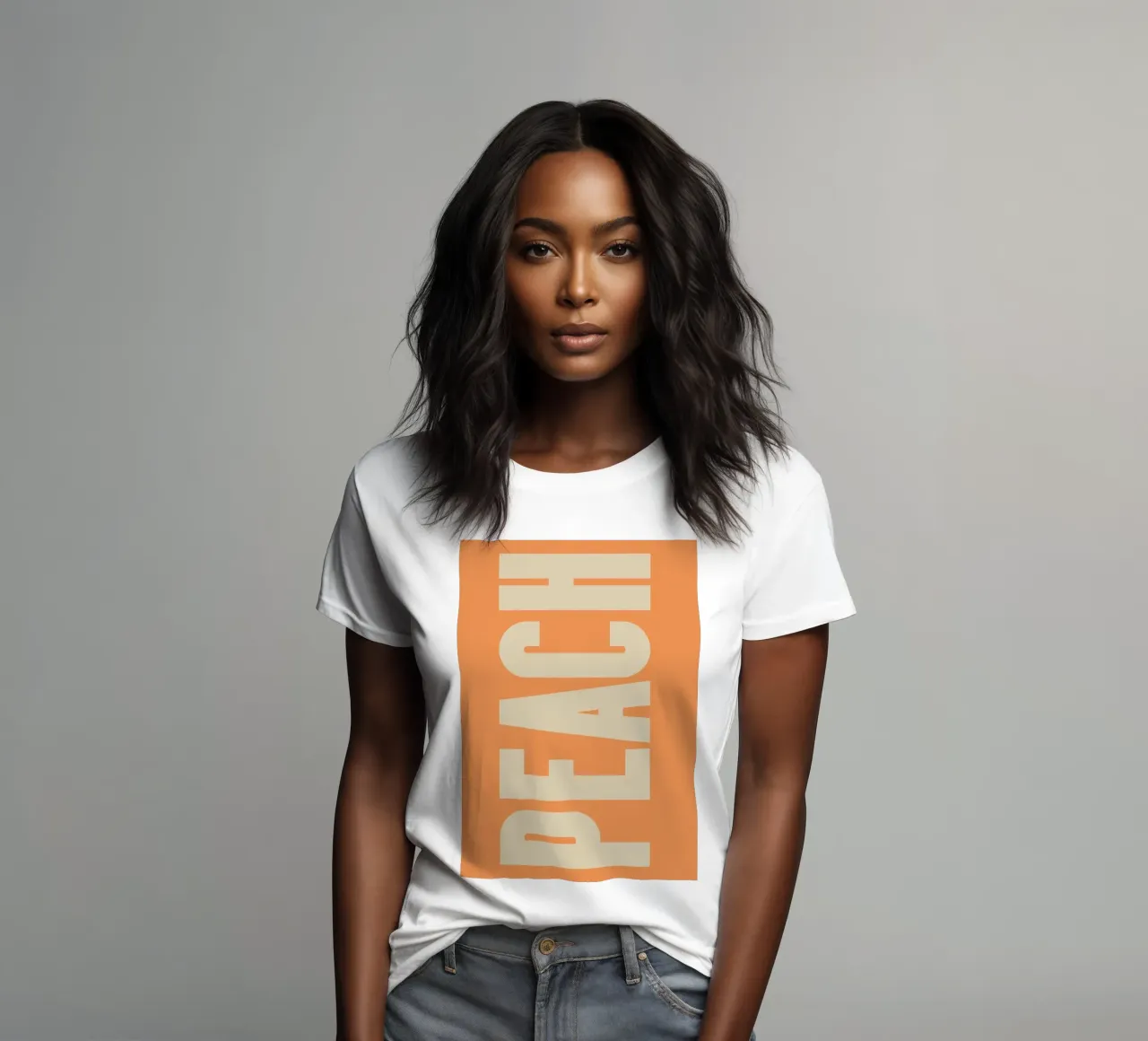 Modern Peach-Inspired Graphic with Retro Block Lettering women's fitted t-shirt by pdigitalprints