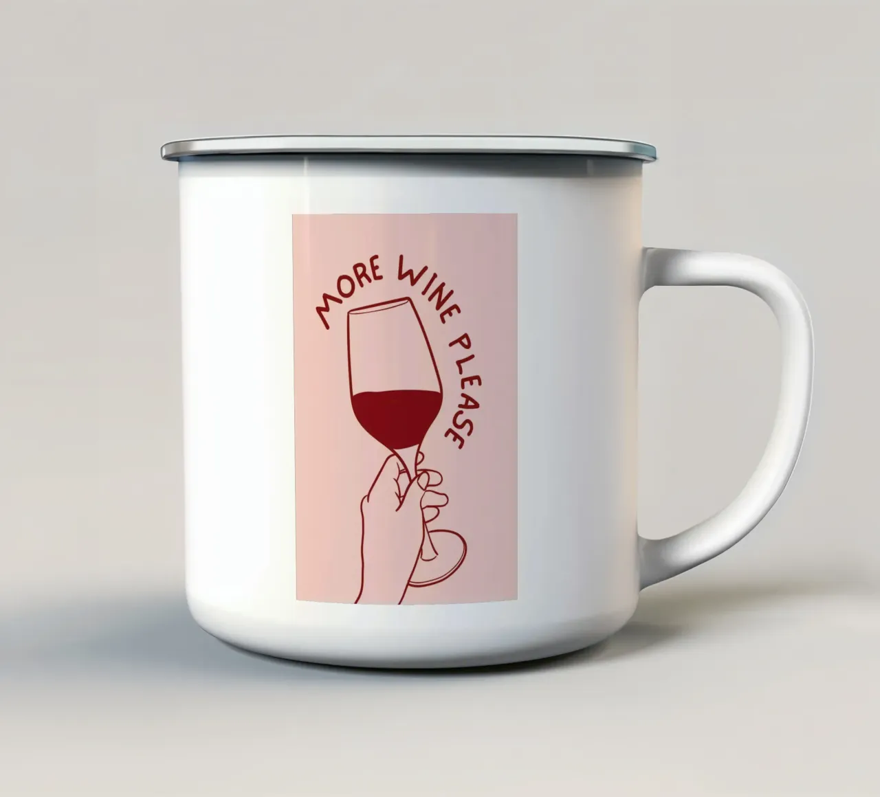 Mano che tiene il bicchiere di vino con una citazione divertente in Minimalista tazza in smalto da pdigitalprints