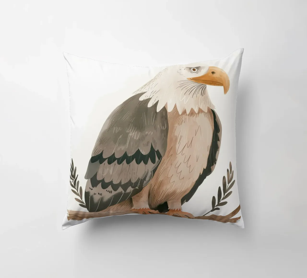 Una maestosa aquila calva appollaiata con grazia su un ramo cuscino da DesignDoodle
