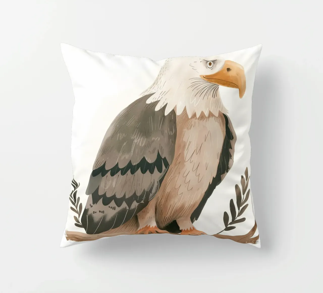 Una maestosa aquila calva appollaiata con grazia su un ramo cuscino da DesignDoodle