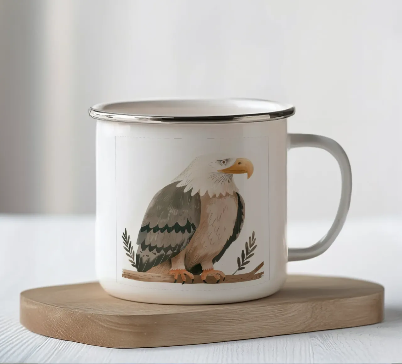 Una maestosa aquila calva appollaiata con grazia su un ramo tazza in smalto da DesignDoodle