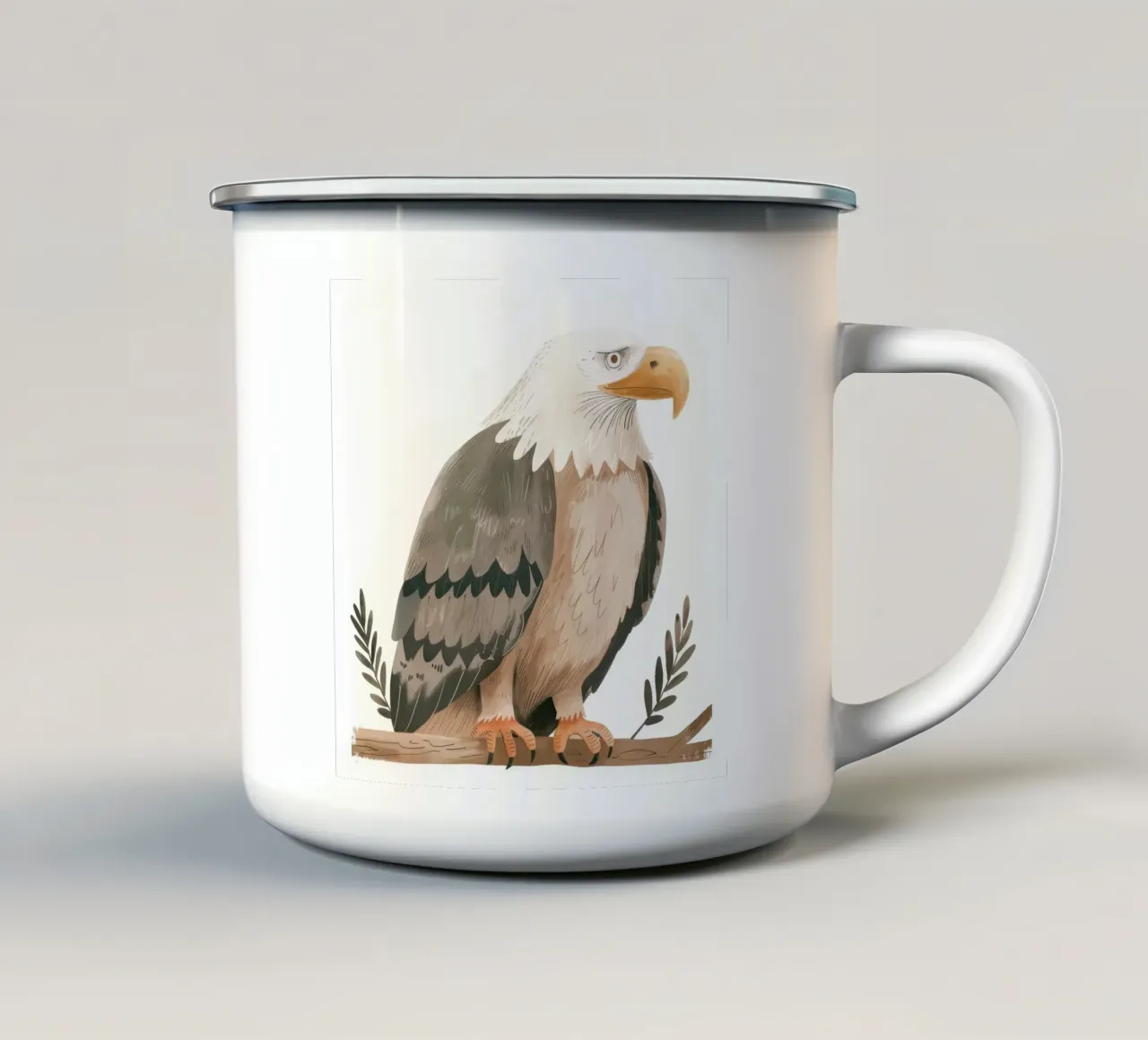 Una maestosa aquila calva appollaiata con grazia su un ramo tazza in smalto da DesignDoodle
