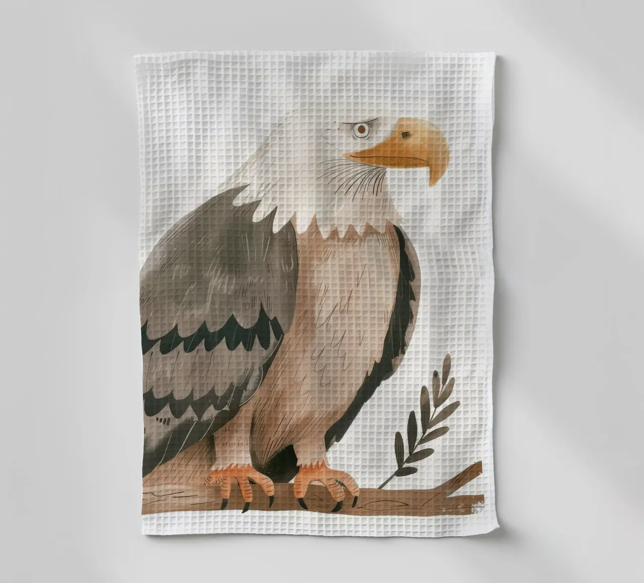Una maestosa aquila calva appollaiata con grazia su un ramo canovaccio da cucina da DesignDoodle