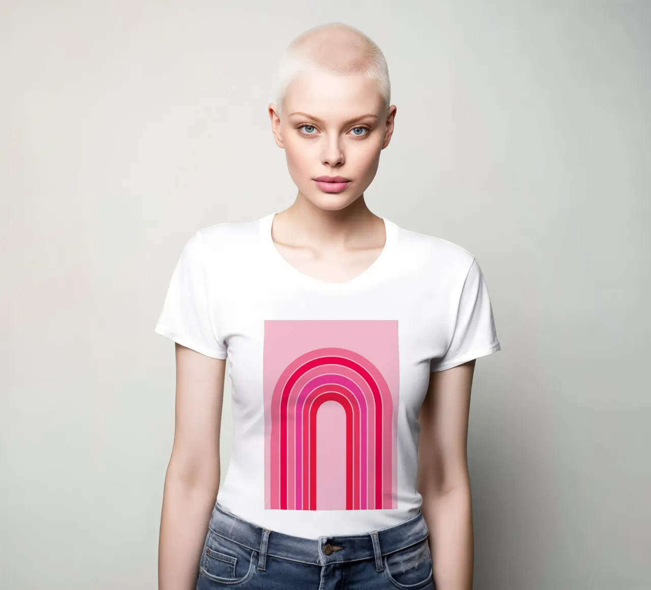 Arc-en-ciel rétro rose et rouge dans l'art géométrique minimaliste t-shirt ajusté pour femmes de pdigitalprints