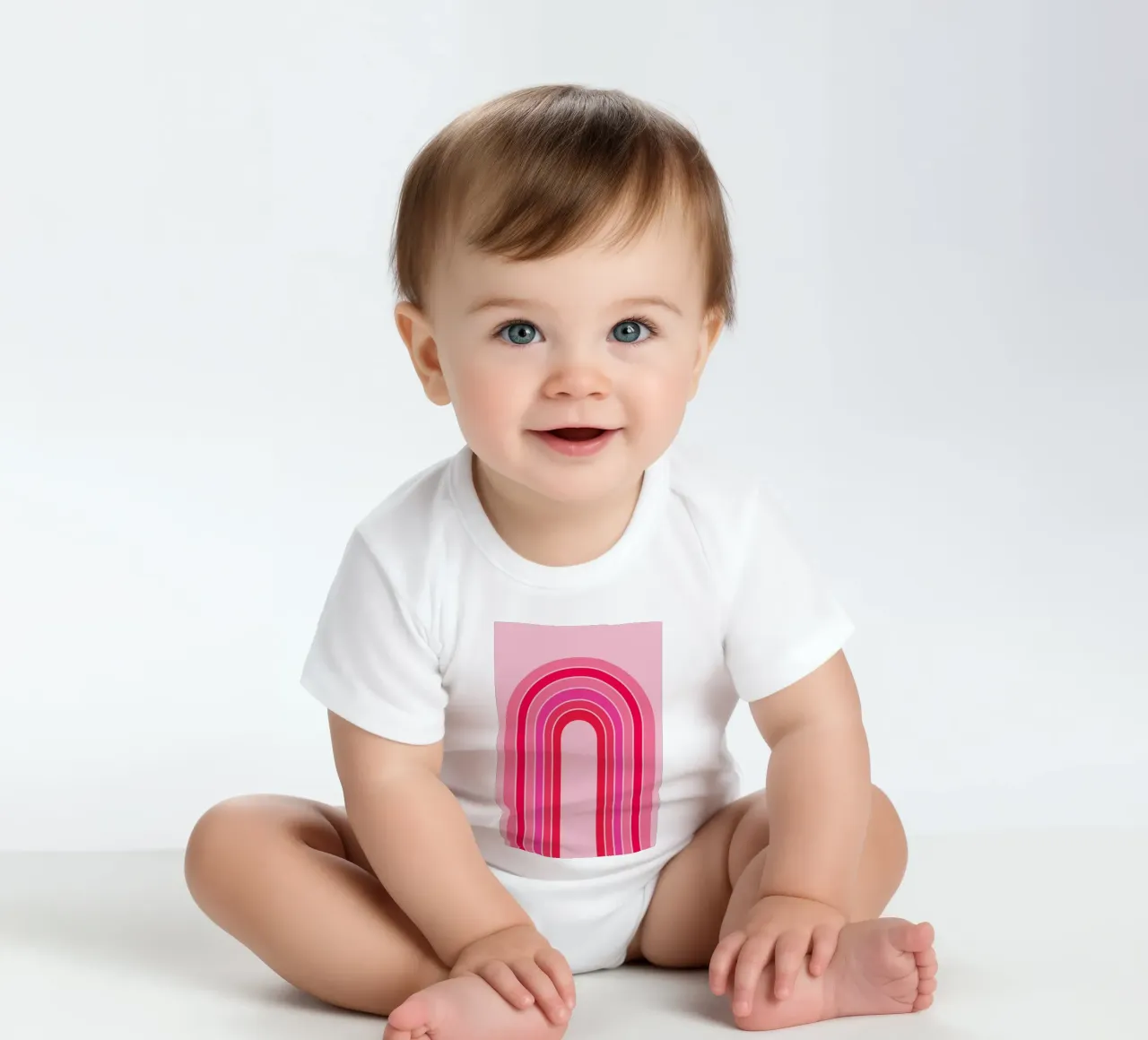 Rosa und roter Retro-Regenbogenbogen in minimalistischer geometrischer Kunst Kurzarm Babybody von pdigitalprints