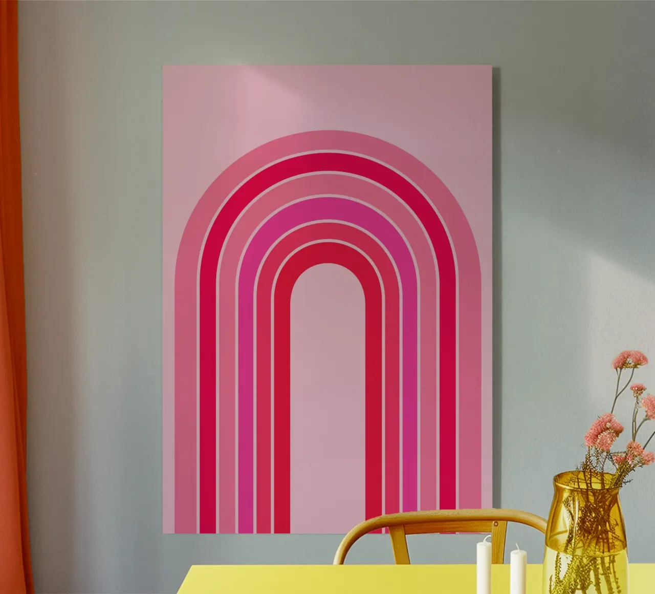Roze en rode retro regenboogboog in minimalistische geometrische kunst acryl van pdigitalprints