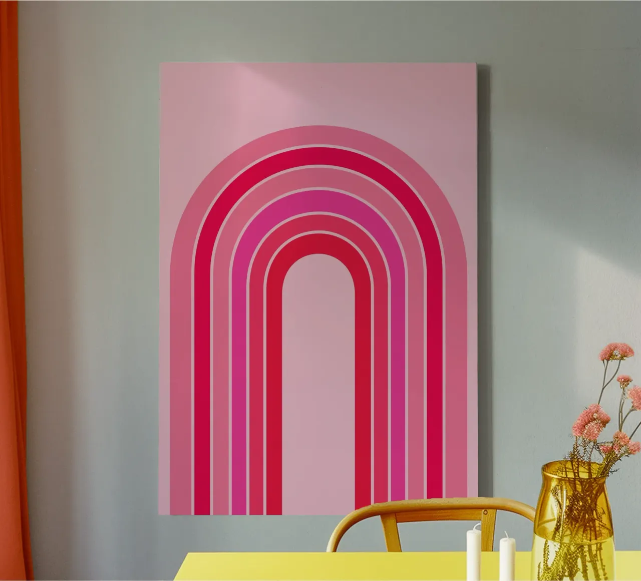 Rosa und roter Retro-Regenbogenbogen in minimalistischer geometrischer Kunst Leinwand von pdigitalprints