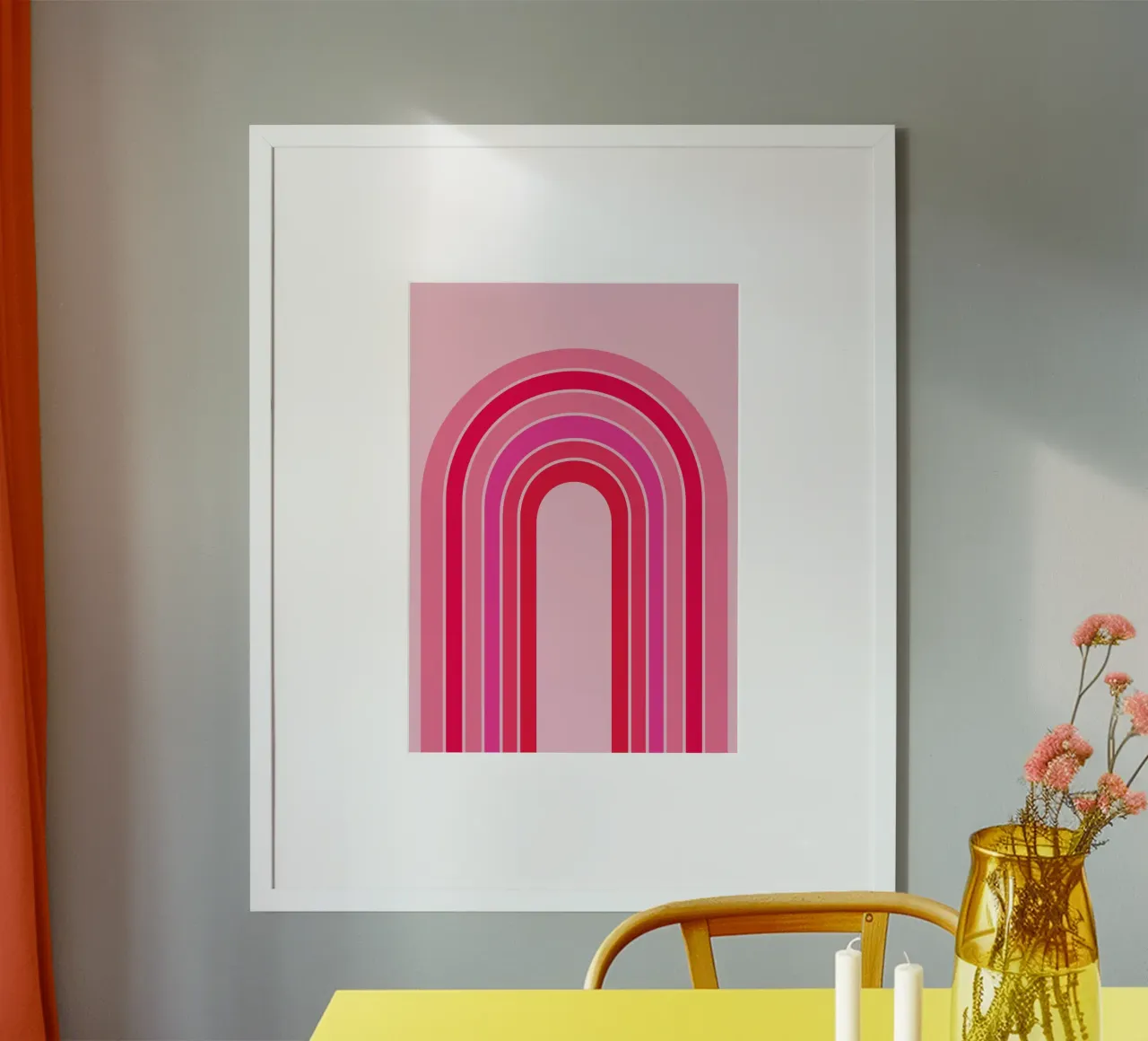 Rosa und roter Retro-Regenbogenbogen in minimalistischer geometrischer Kunst Hahnemühle von pdigitalprints