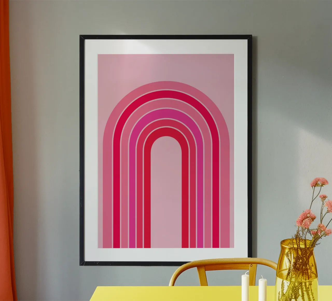Rosa und roter Retro-Regenbogenbogen in minimalistischer geometrischer Kunst Hahnemühle von pdigitalprints