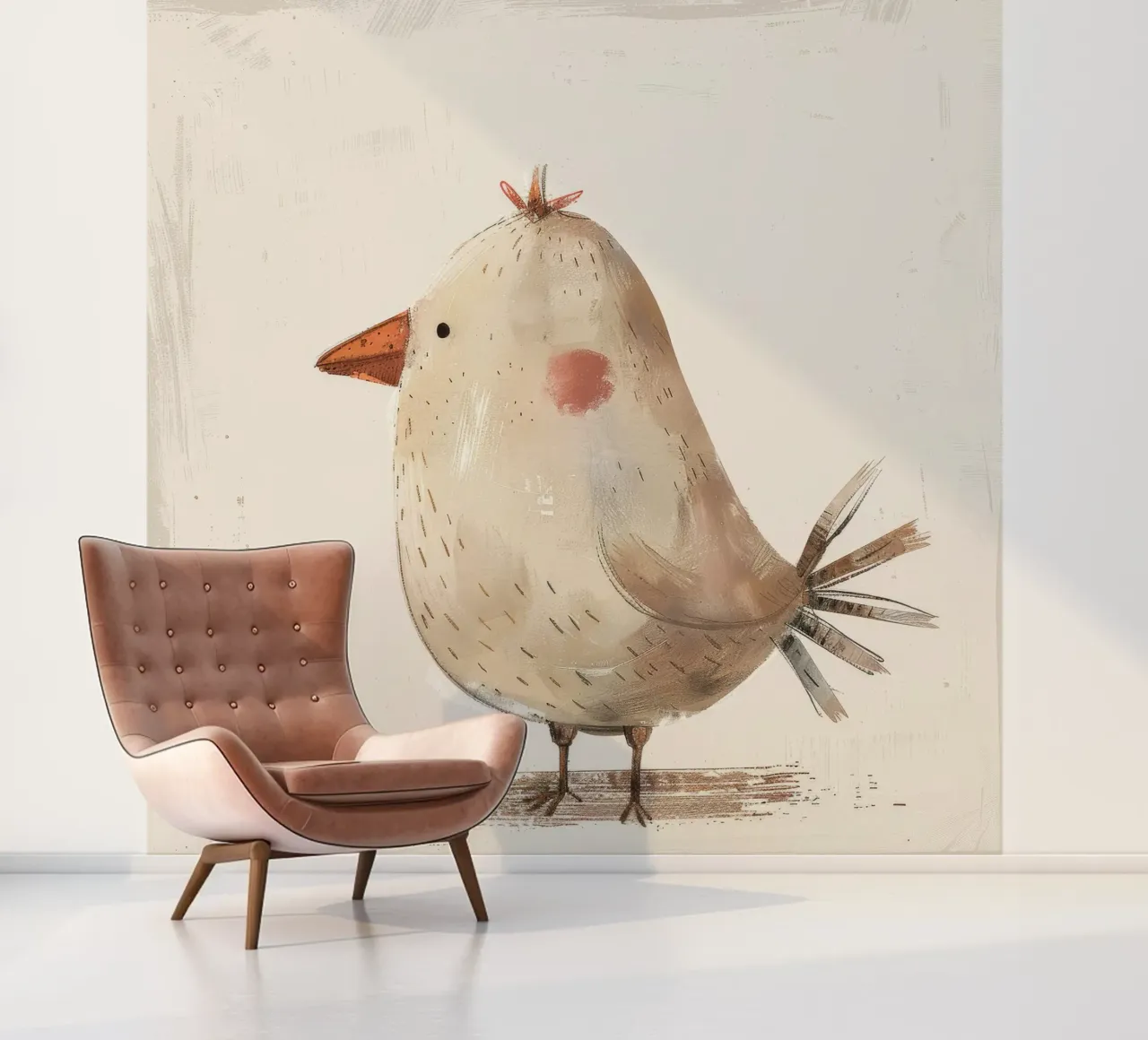 A minimalist, soft-toned illustration of a small bird photo wallpaper by DesignDoodle