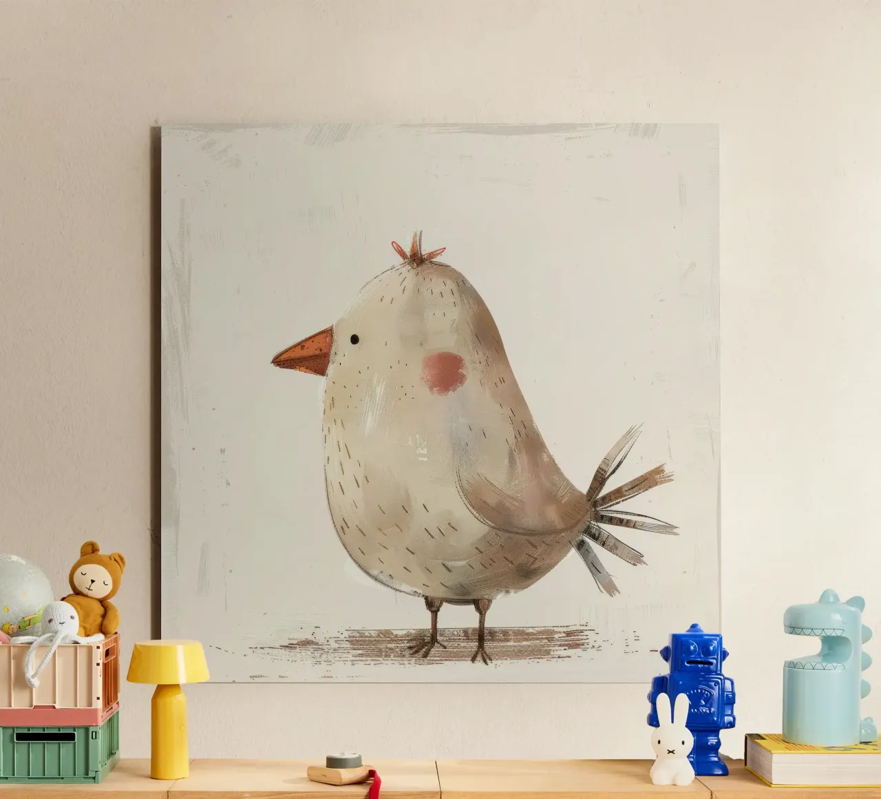 Un'illustrazione minimalista e dai toni tenui di un piccolo uccello alluminio dibond da DesignDoodle