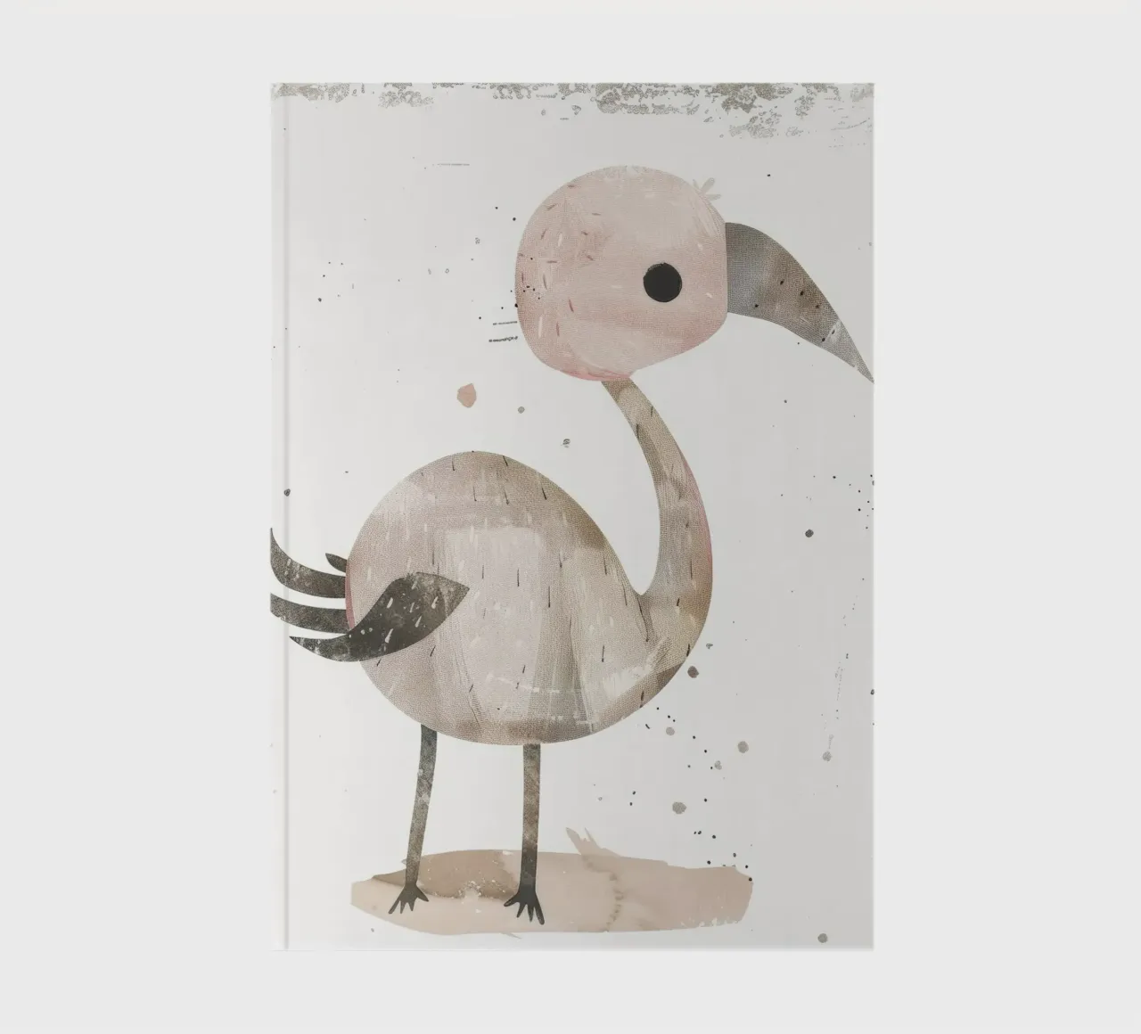 A charming bird in pink and gray hues, featuring a playful notebook by DesignDoodle