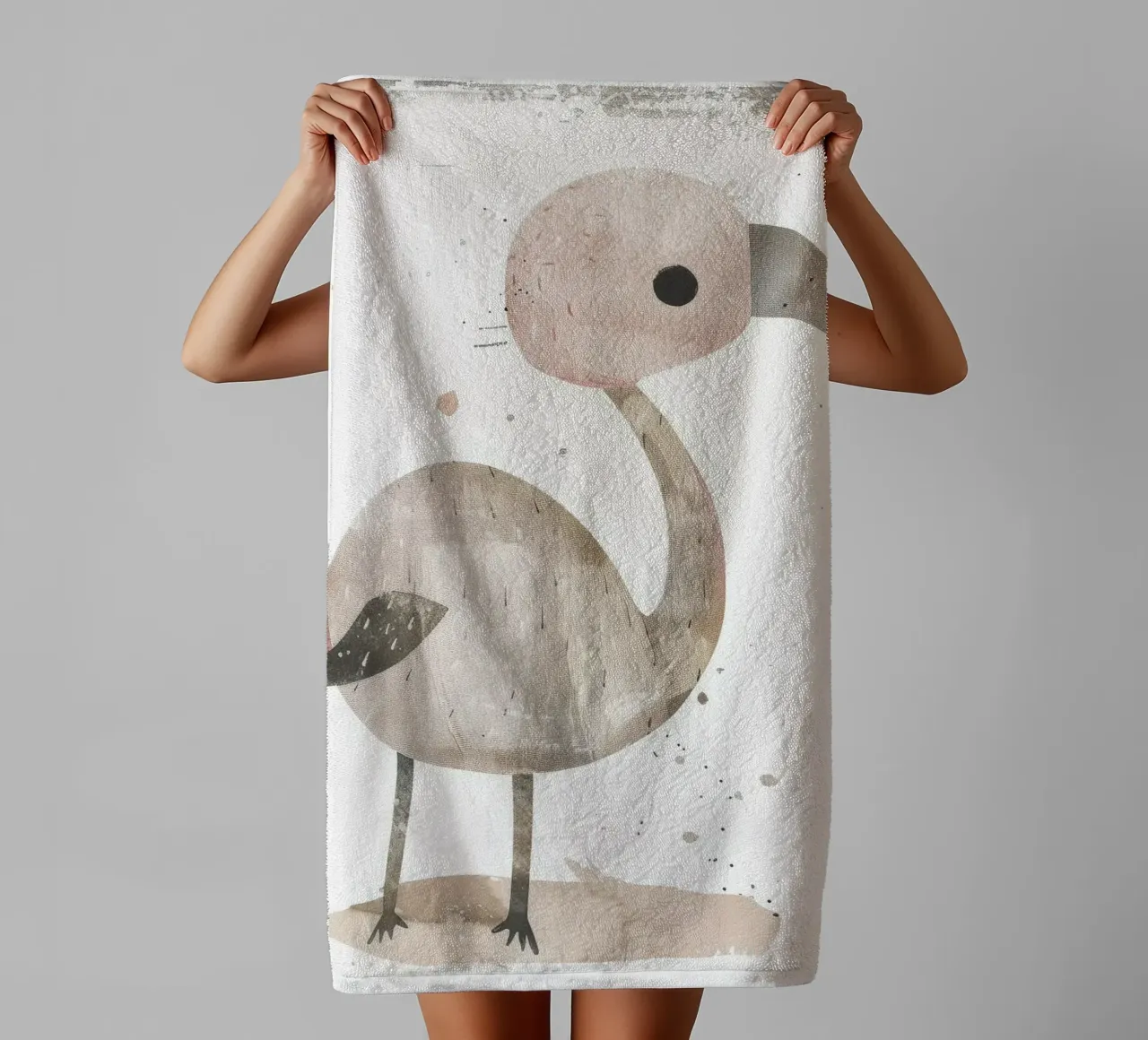 A charming bird in pink and gray hues, featuring a playful towel by DesignDoodle
