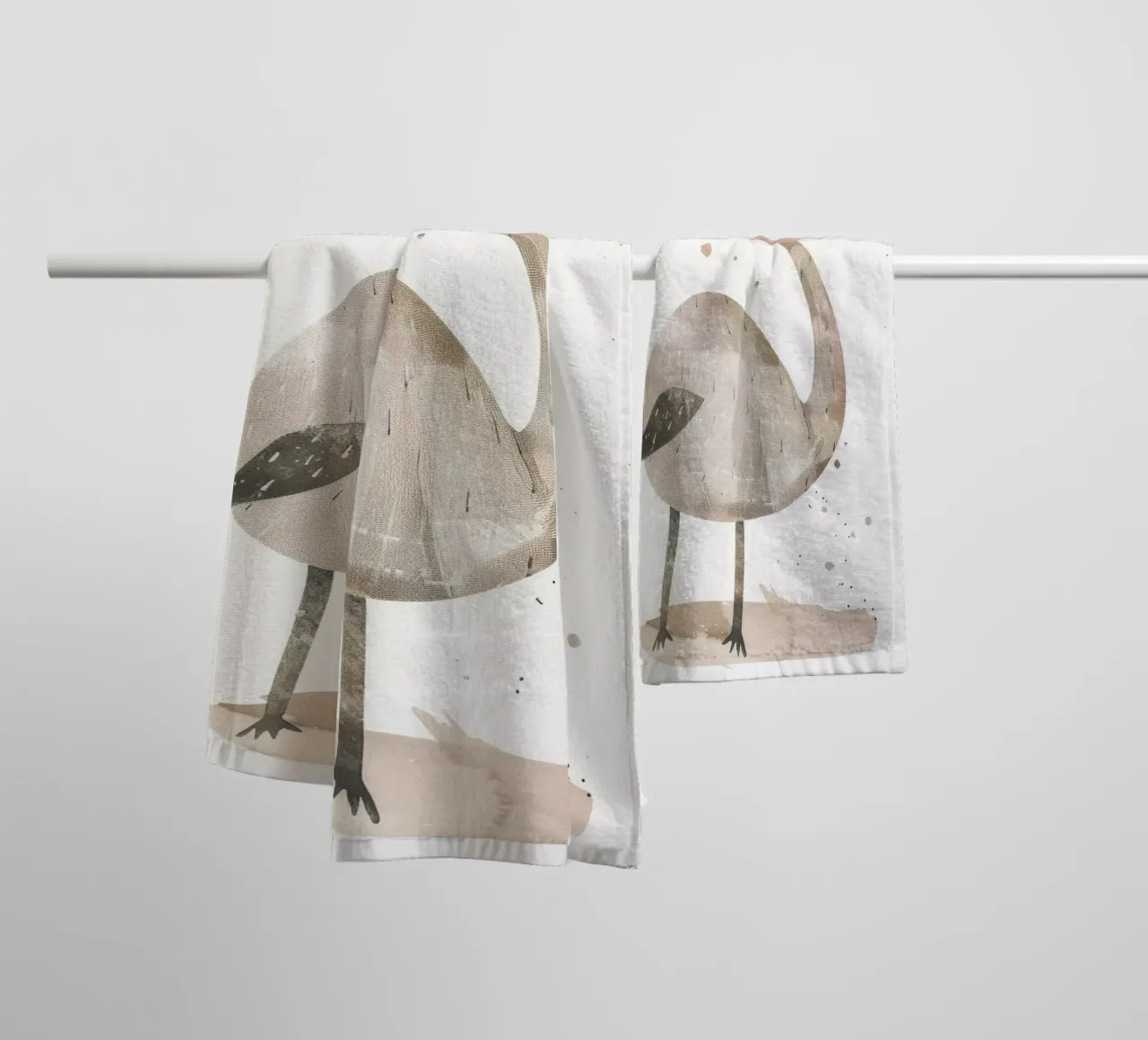 A charming bird in pink and gray hues, featuring a playful towel by DesignDoodle