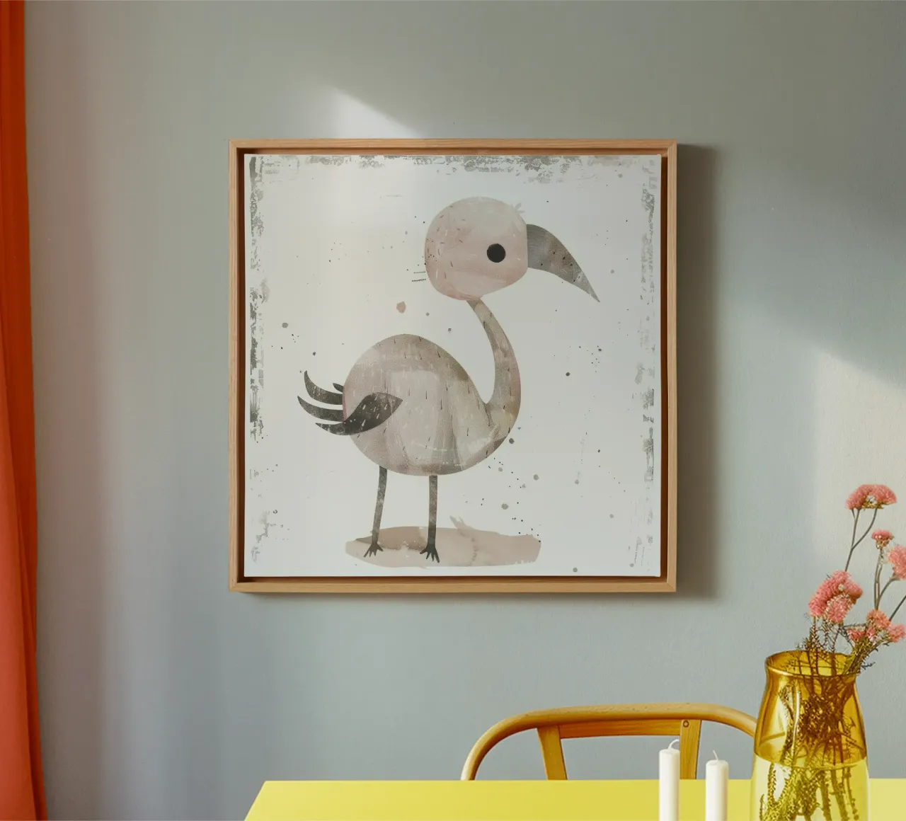 A charming bird in pink and gray hues, featuring a playful canvas with Floater frame by DesignDoodle