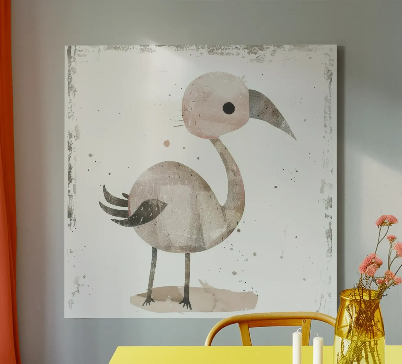 A charming bird in pink and gray hues, featuring a playful canvas with Floater frame by DesignDoodle
