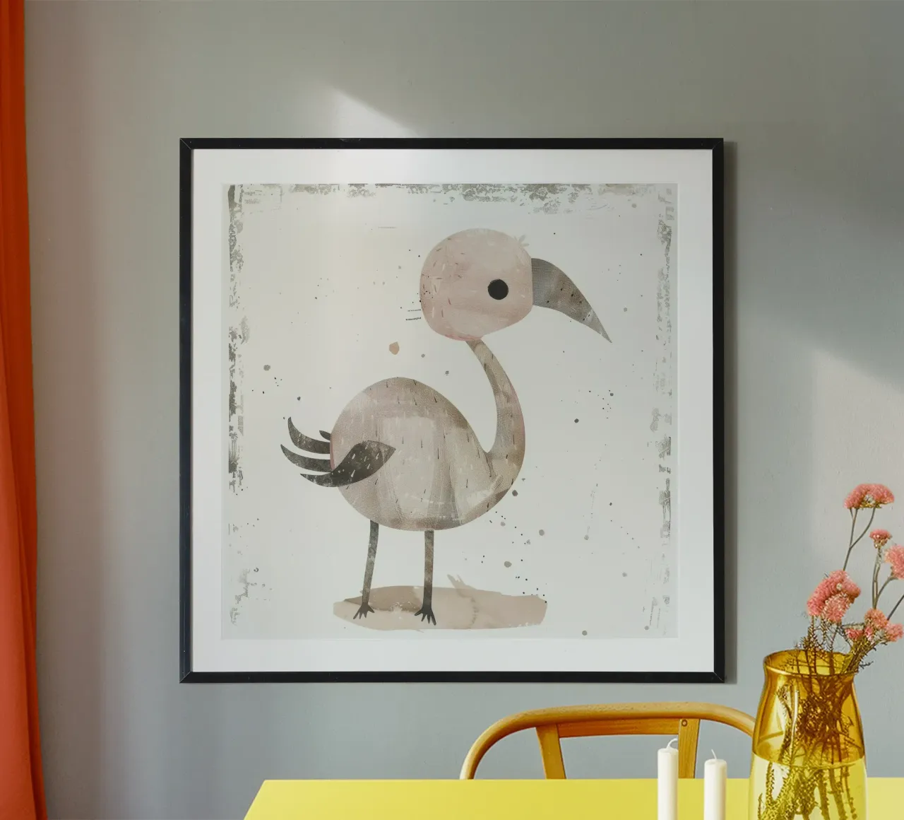 A charming bird in pink and gray hues, featuring a playful poster by DesignDoodle