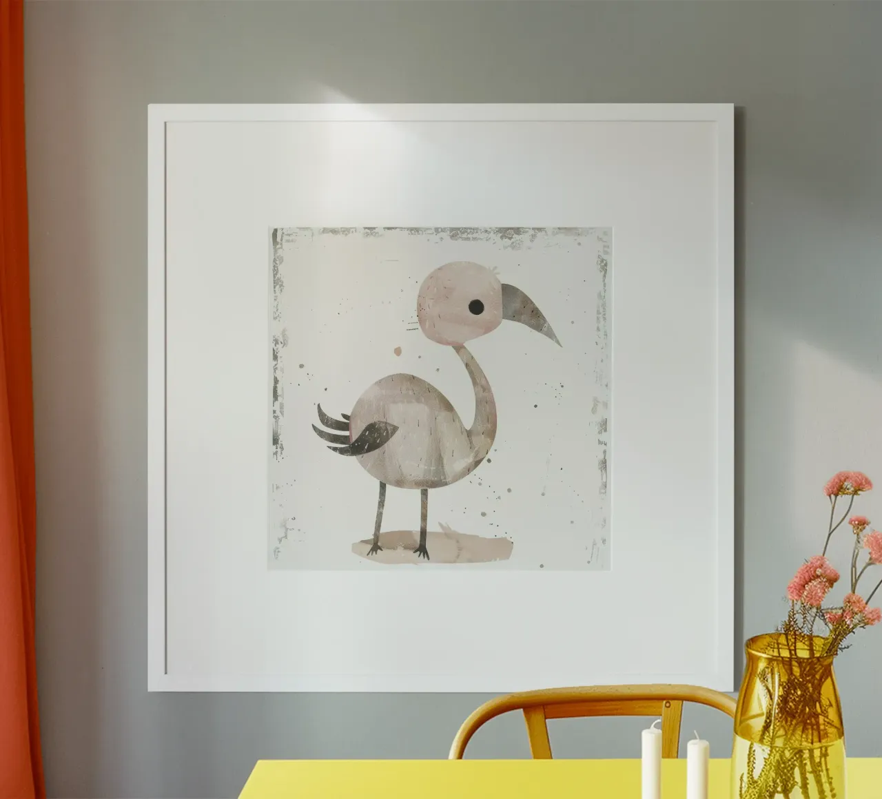 A charming bird in pink and gray hues, featuring a playful poster by DesignDoodle
