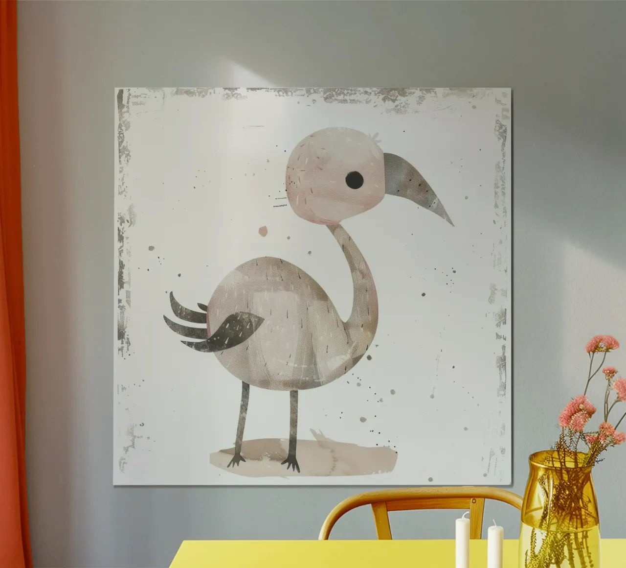 A charming bird in pink and gray hues, featuring a playful poster by DesignDoodle