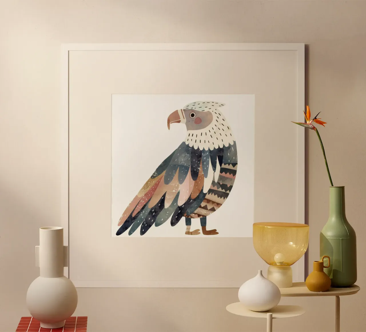 uccello splendidamente stilizzato ornato di piume geometriche poster con telaio in legno da DesignDoodle