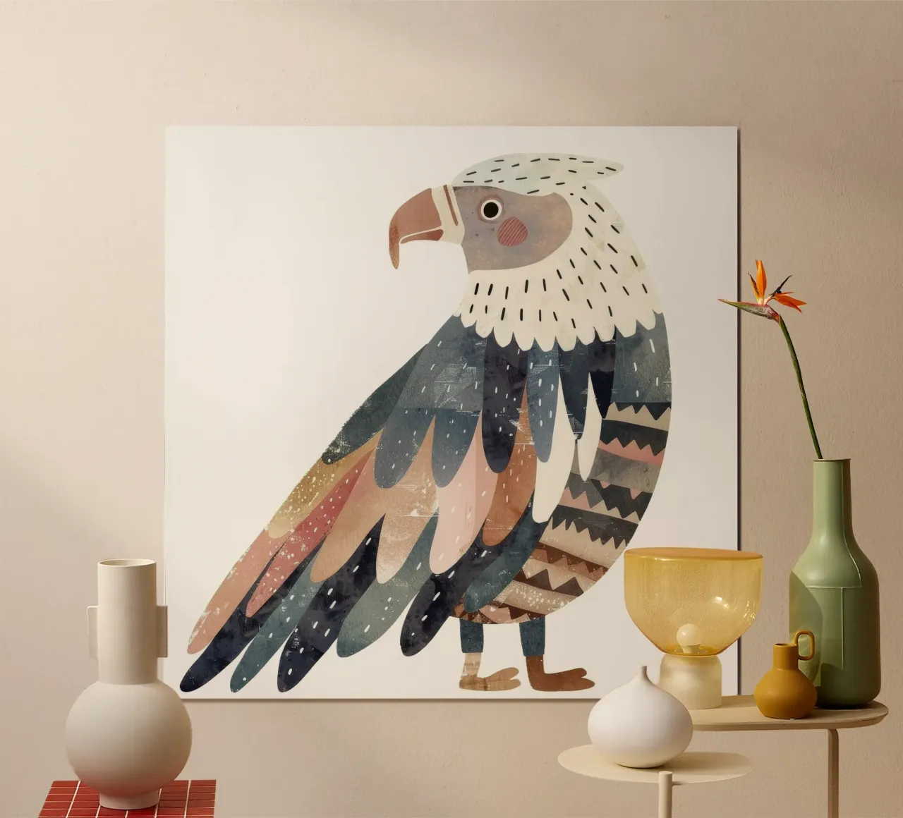 uccello splendidamente stilizzato ornato di piume geometriche poster con telaio in legno da DesignDoodle