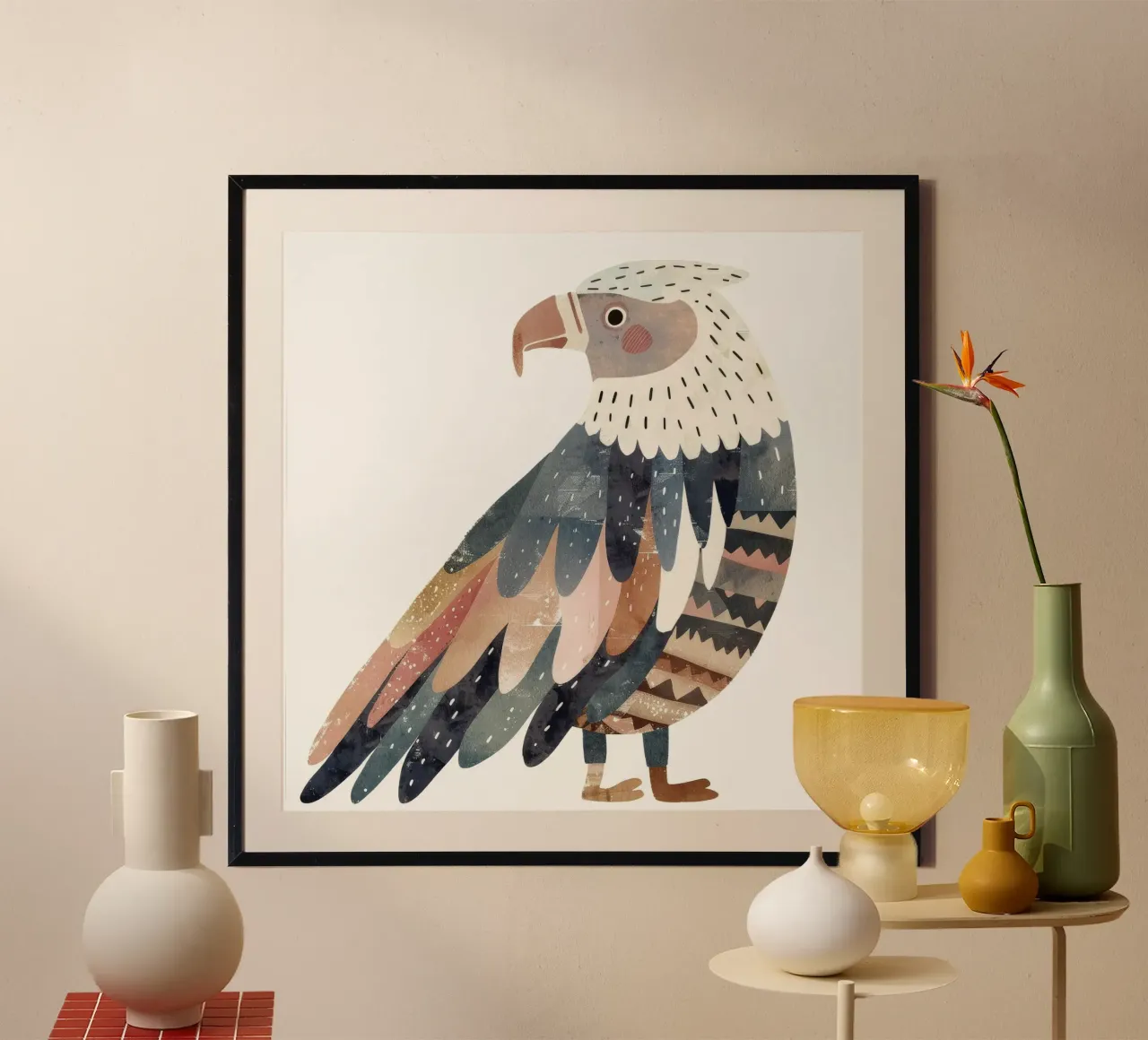 uccello splendidamente stilizzato ornato di piume geometriche poster con telaio in legno da DesignDoodle