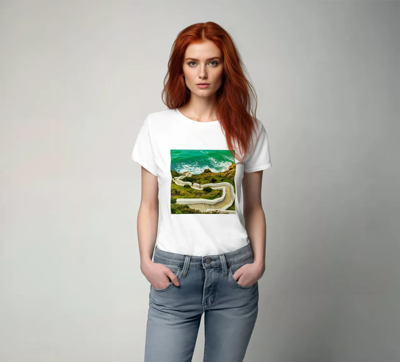 Scenic Cliffside Pathway in Algarve, Portugal, Coastal View t-shirt by Hecate Pim Designs