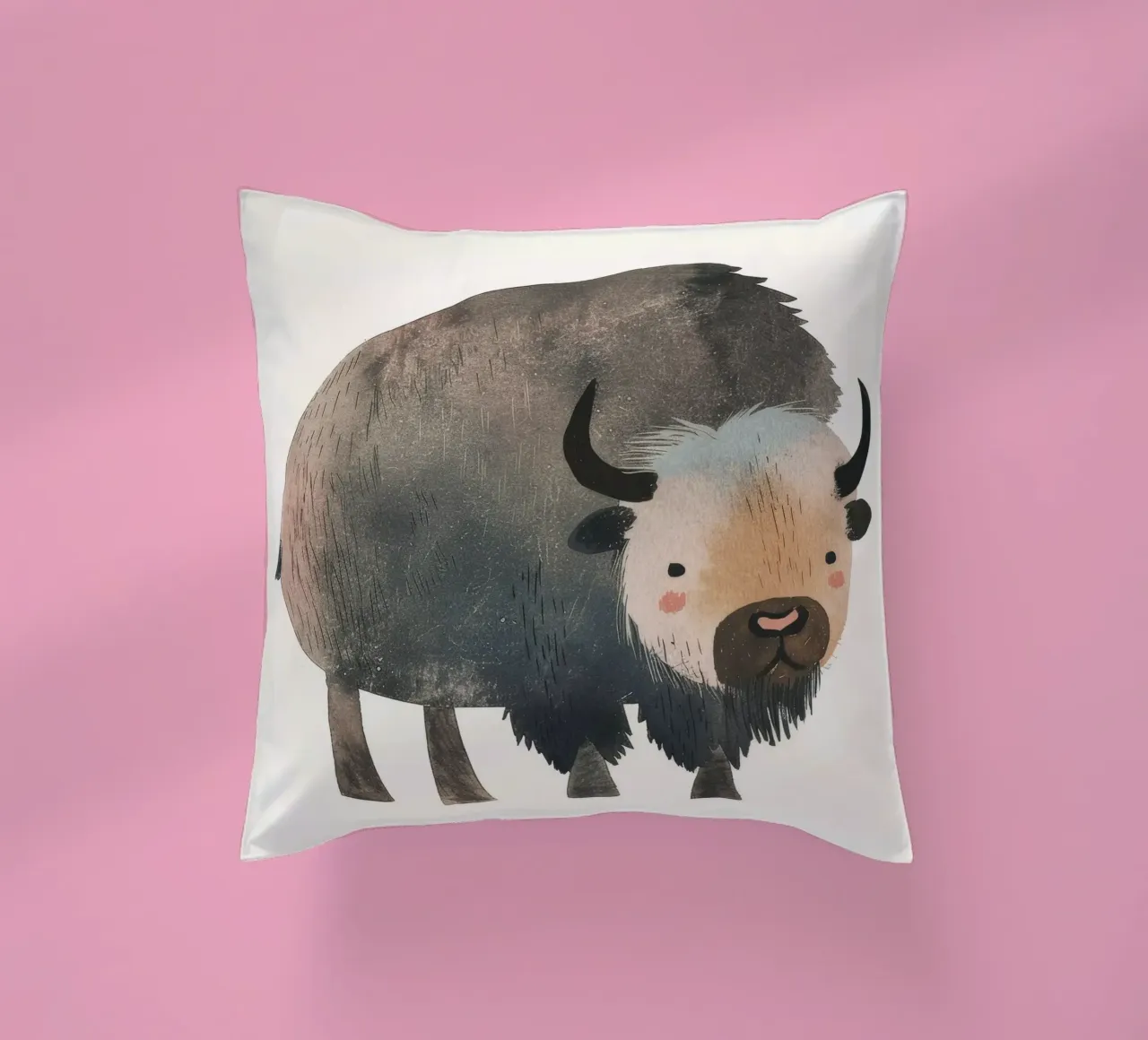 Représentation fantaisiste et douce d'un bison dans des tons chauds. coussin de DesignDoodle