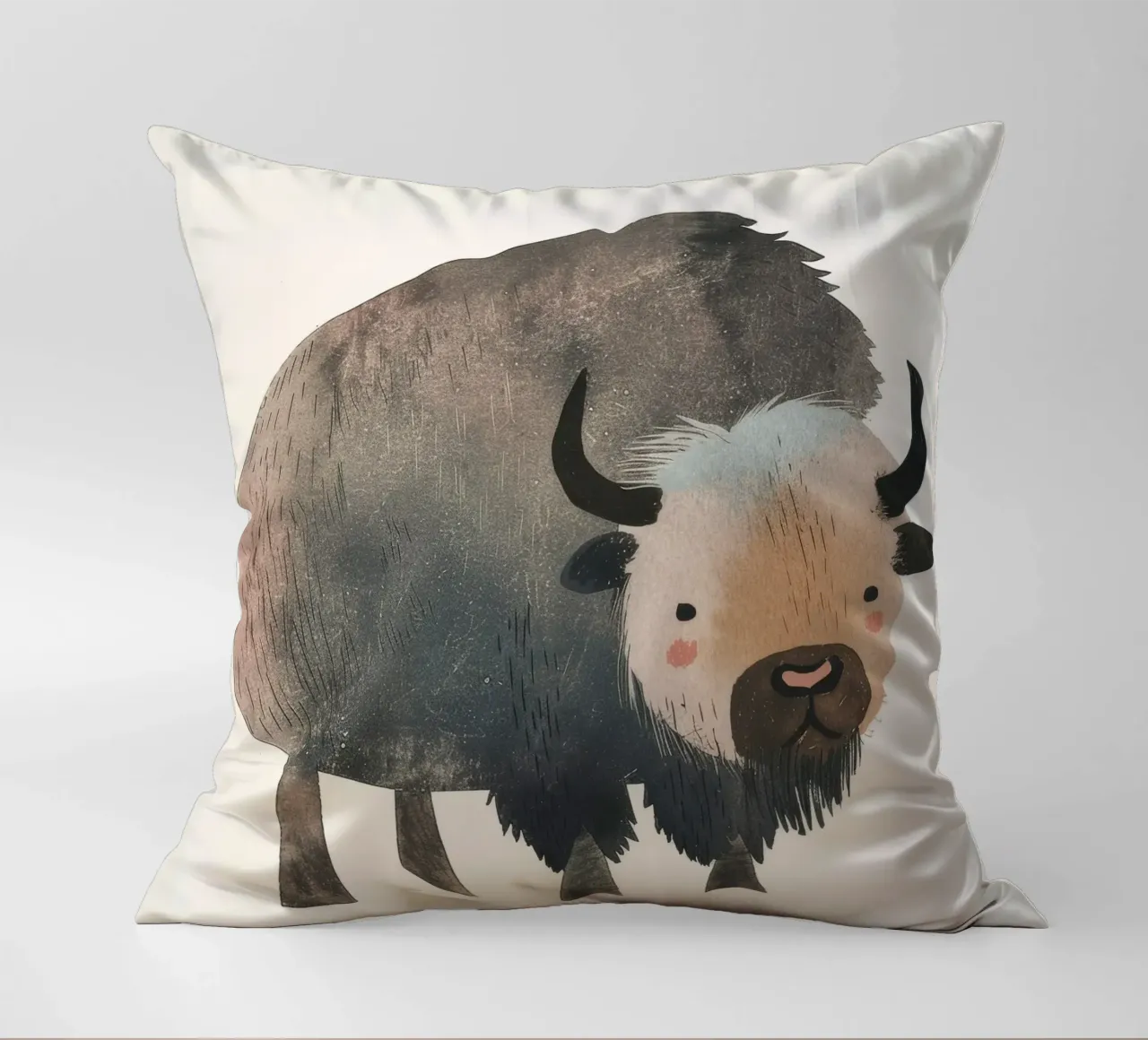 Représentation fantaisiste et douce d'un bison dans des tons chauds. coussin de DesignDoodle