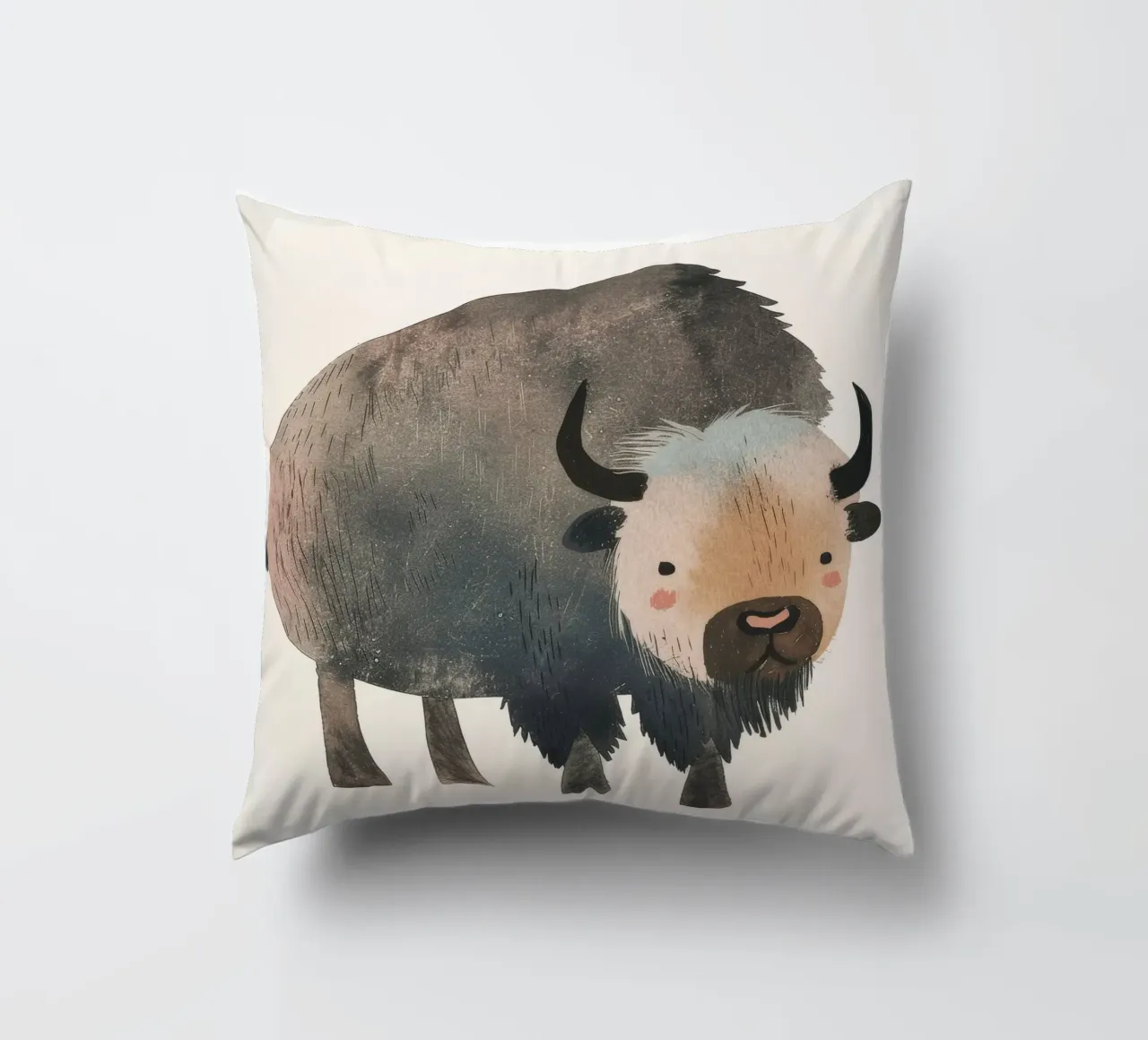 Représentation fantaisiste et douce d'un bison dans des tons chauds. coussin de DesignDoodle