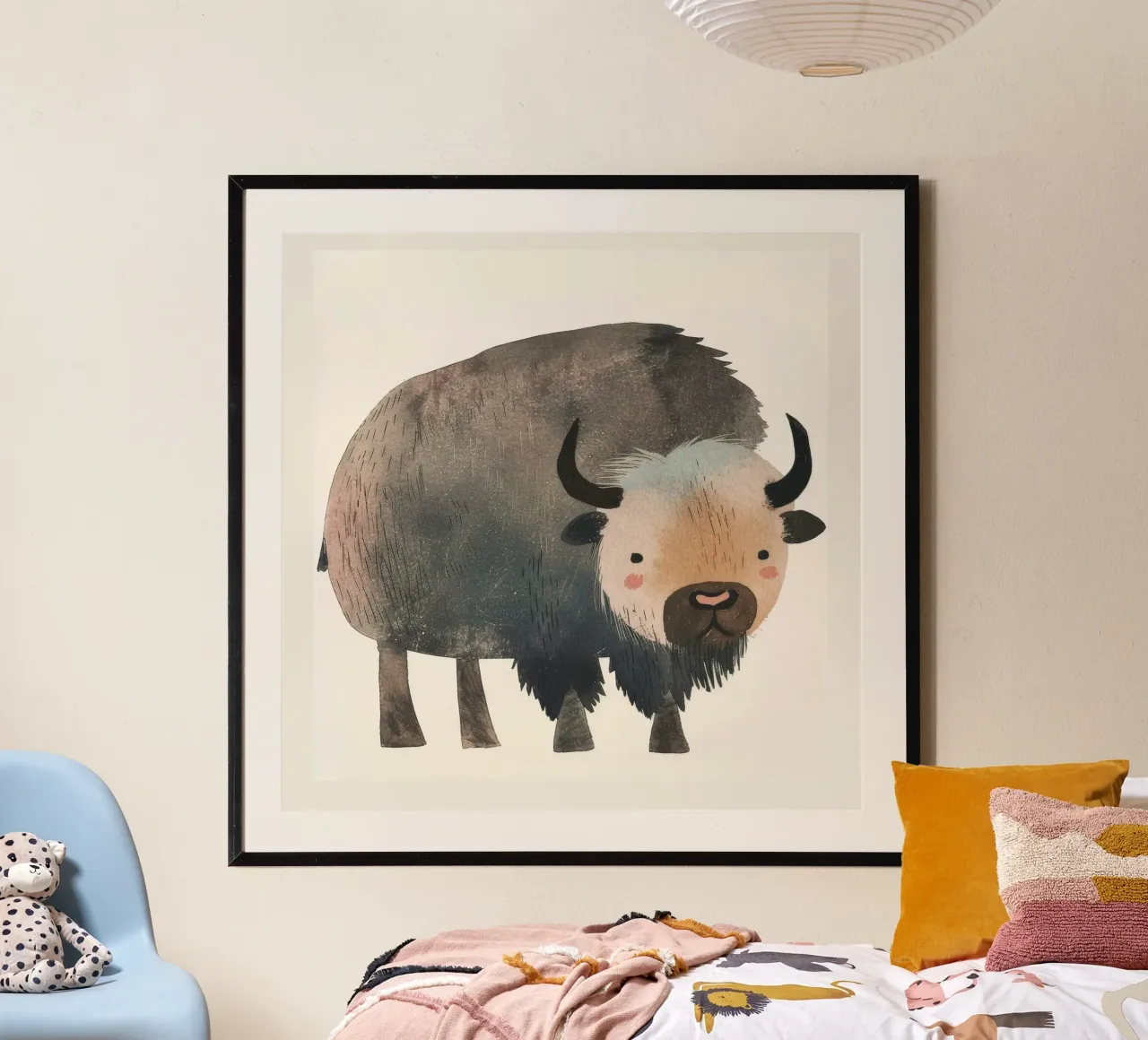Représentation fantaisiste et douce d'un bison dans des tons chauds. hahnemühle de DesignDoodle